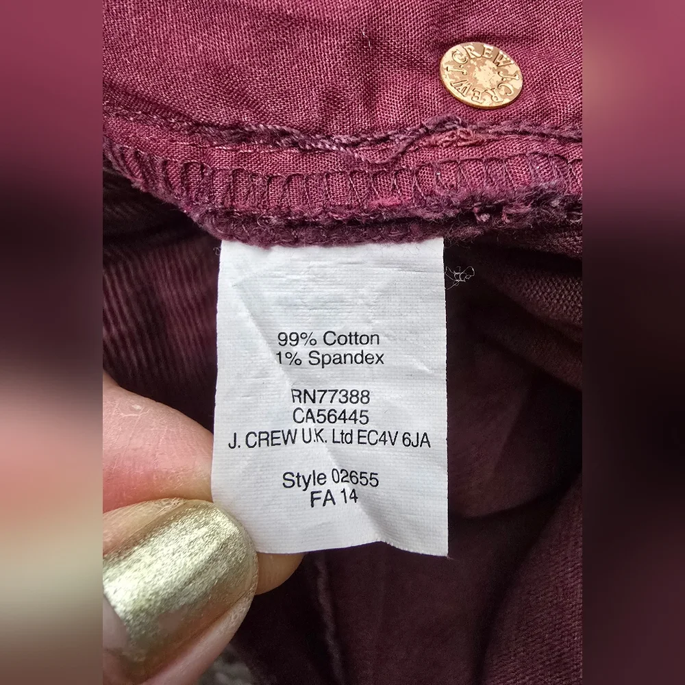 J. Crew Stretch Maroon Corduroy Classic Y2K Streetwear Ankle Slim Pants sz 28